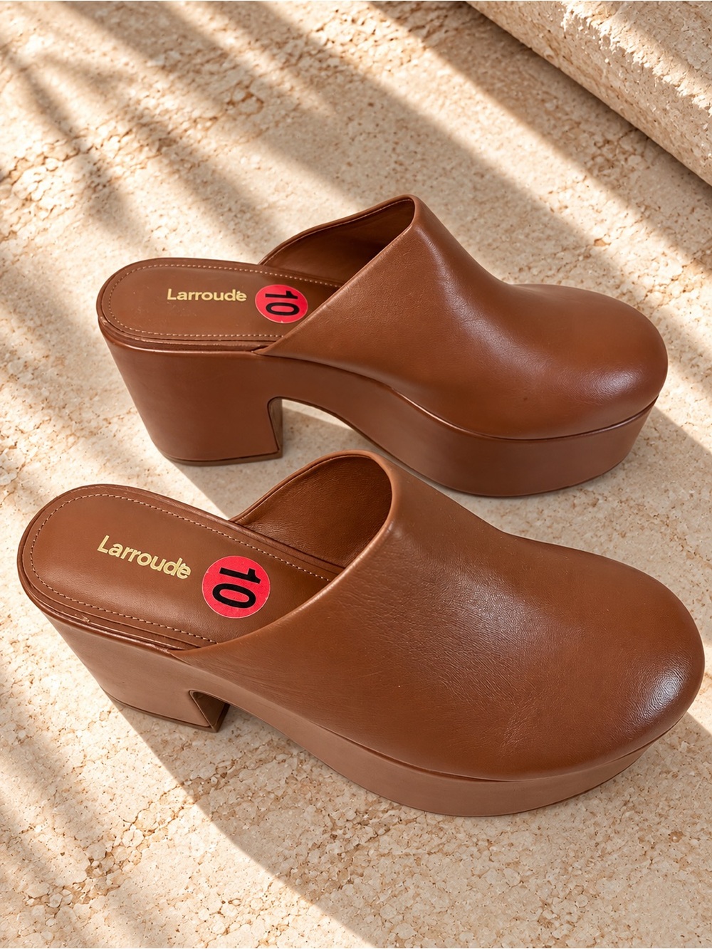 Larroudé Miso Platform Clogs Caramel Brown Leather Size 10 - Picture 2 of 10
